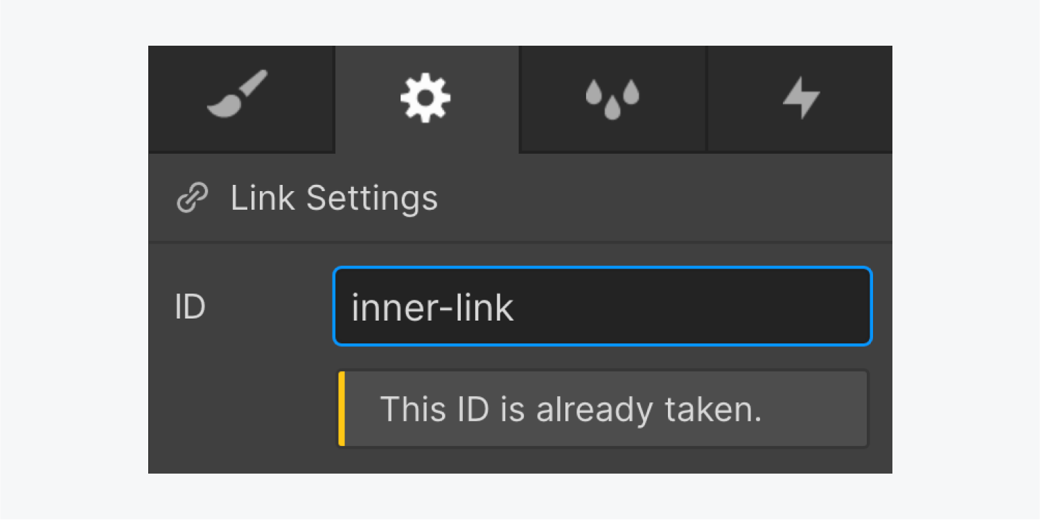 There is an error below the ID field of Link Settings, where an ID of “inner-link” has been input. The error message says, “This ID is already taken.”