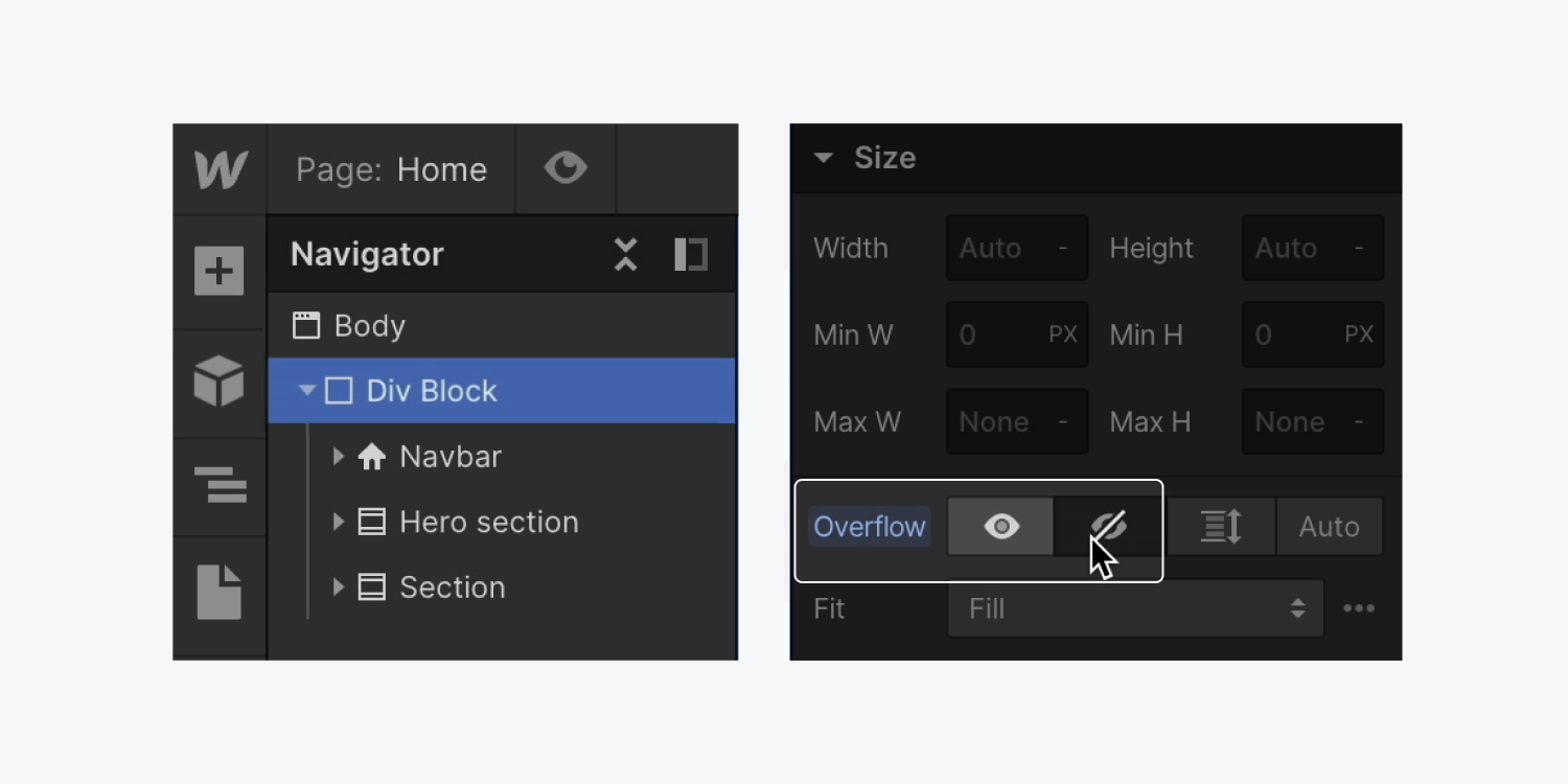 A Div block holding all a page’s contents is highlighted and set to Overflow: hidden.