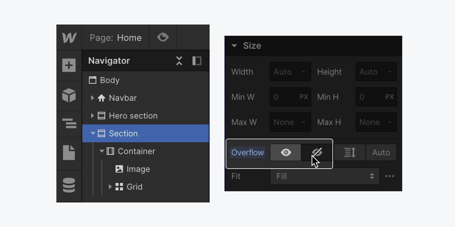 The parent element (a Section) of an element causing overflow is highlighted, and set to Overflow: hidden.