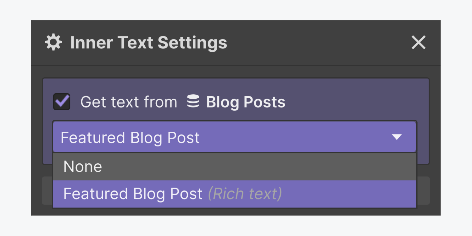 The Inner Text Settings of a Detailed Text element is displayed. The check box is marked to Get text from a collection named Blog Posts with the dropdown menu expanded to connect to the Featured Blog Post field.