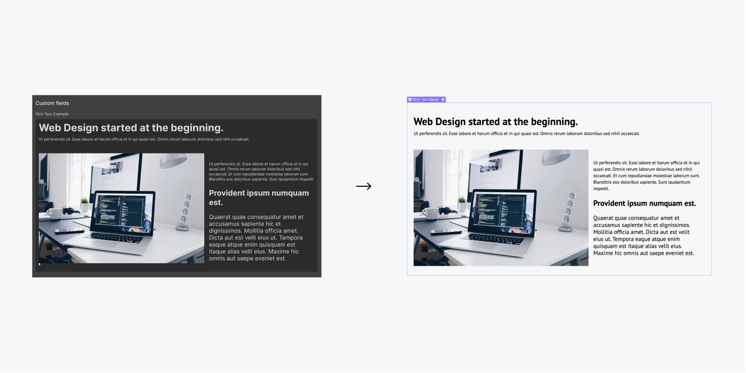 On the left a custom field for detailed text is filled out with text and an image. On the right is the result of a detailed text block element in the designer with the same text and image entered in the Collection settings.