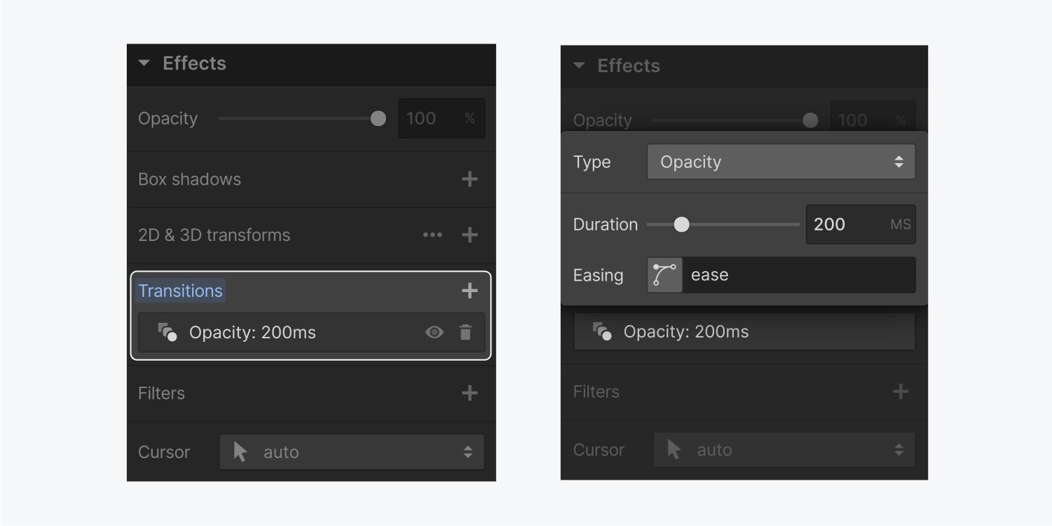 Webflow transitions option Opacity is highlighted and selected. Side by side visuals of where the opacity transition is located.