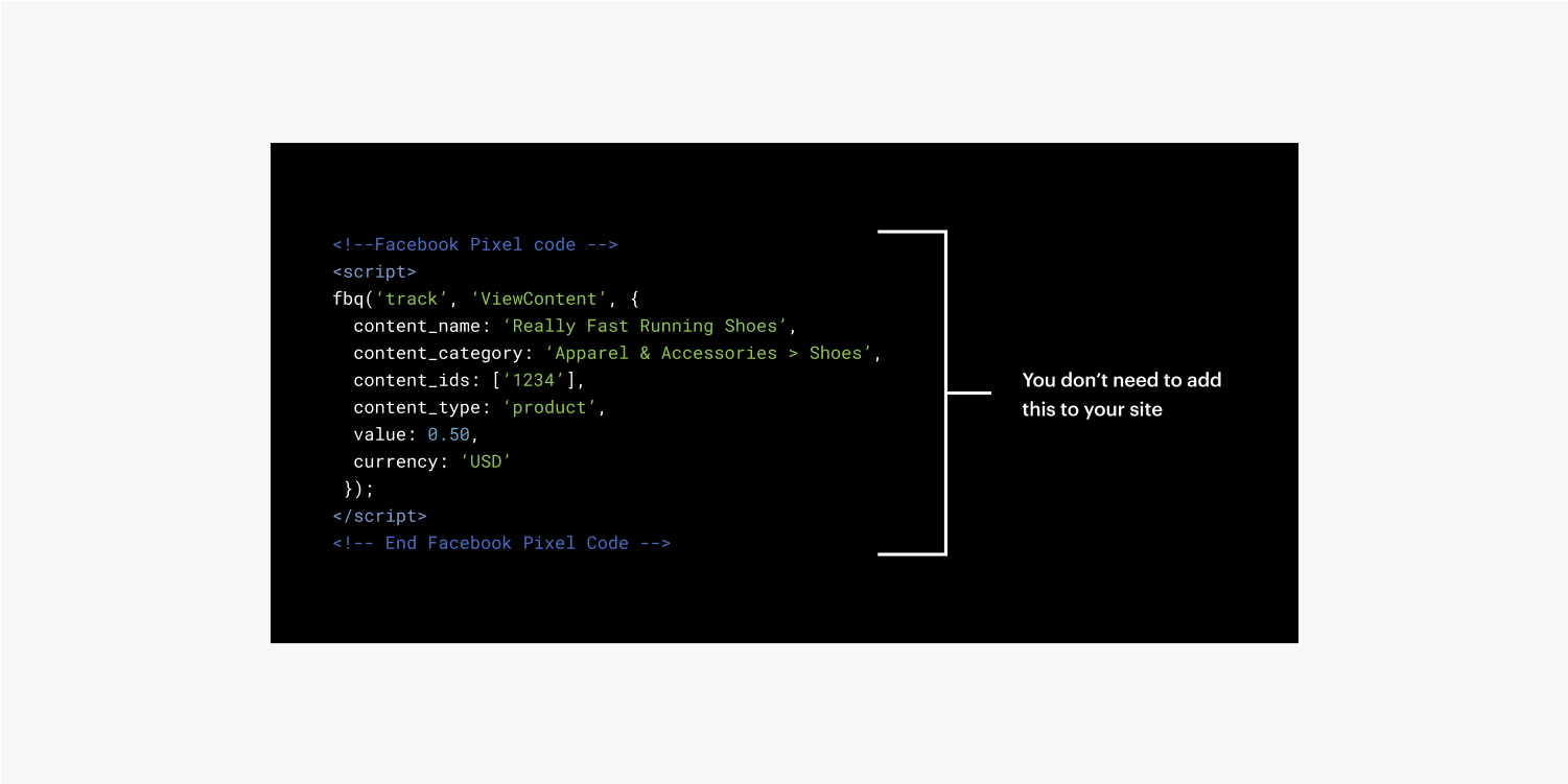 Meta ピクセルコードは、スクリプトタグ内の「fbq」で始まるコード行で構成されます。コードには「サイトに追加する必要はありません」というラベルが付いています。