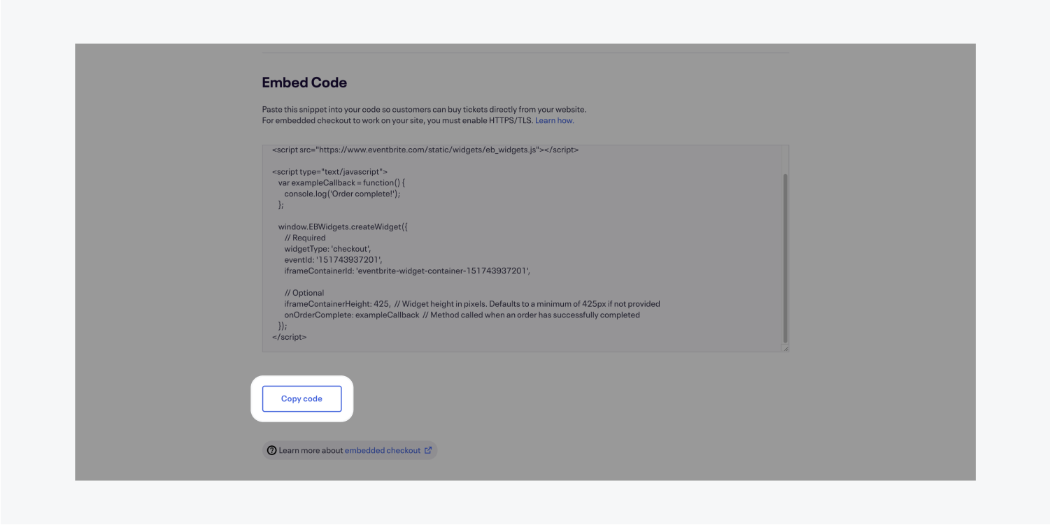 The embed code section of an events embedded checkout page. The copy code button is highlighted.