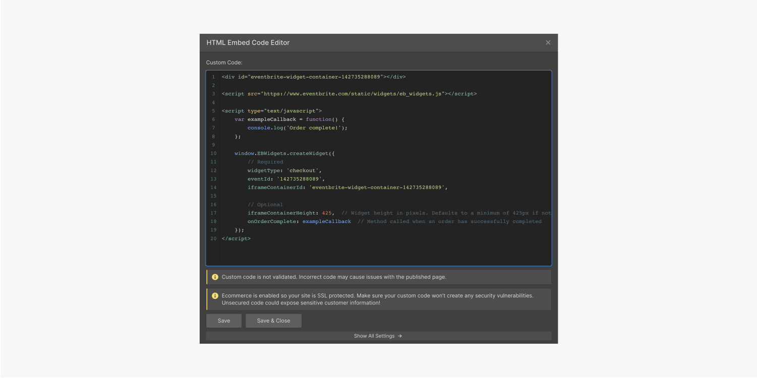 A Webflow HTML embed code editor filled with an Eventbrites event embed code.