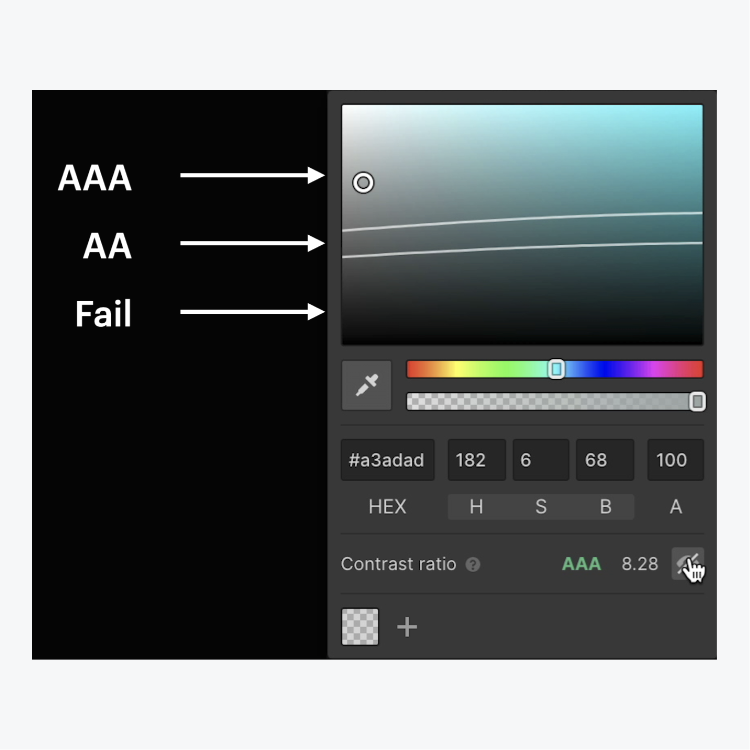 The Color contrast checker displays ratio range patterns between AAA to Fail by clicking the “eye” icon in the color picker.