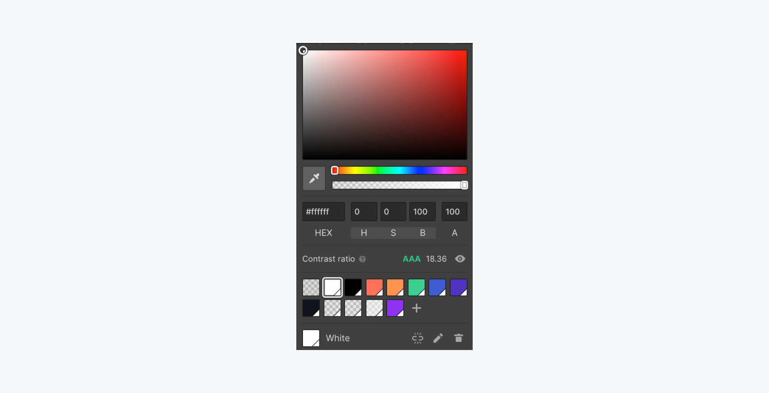 Webflow 的文本元素颜色选择器中的颜色对比度检查器被突出显示。 