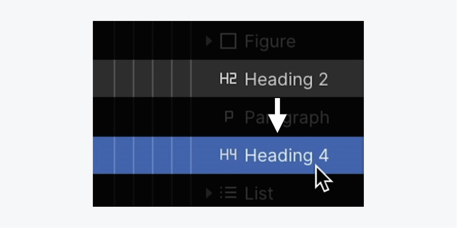 在导航器中，H2 标题和 H4 标题并排出现，表明已跳过 H3 级别标题。