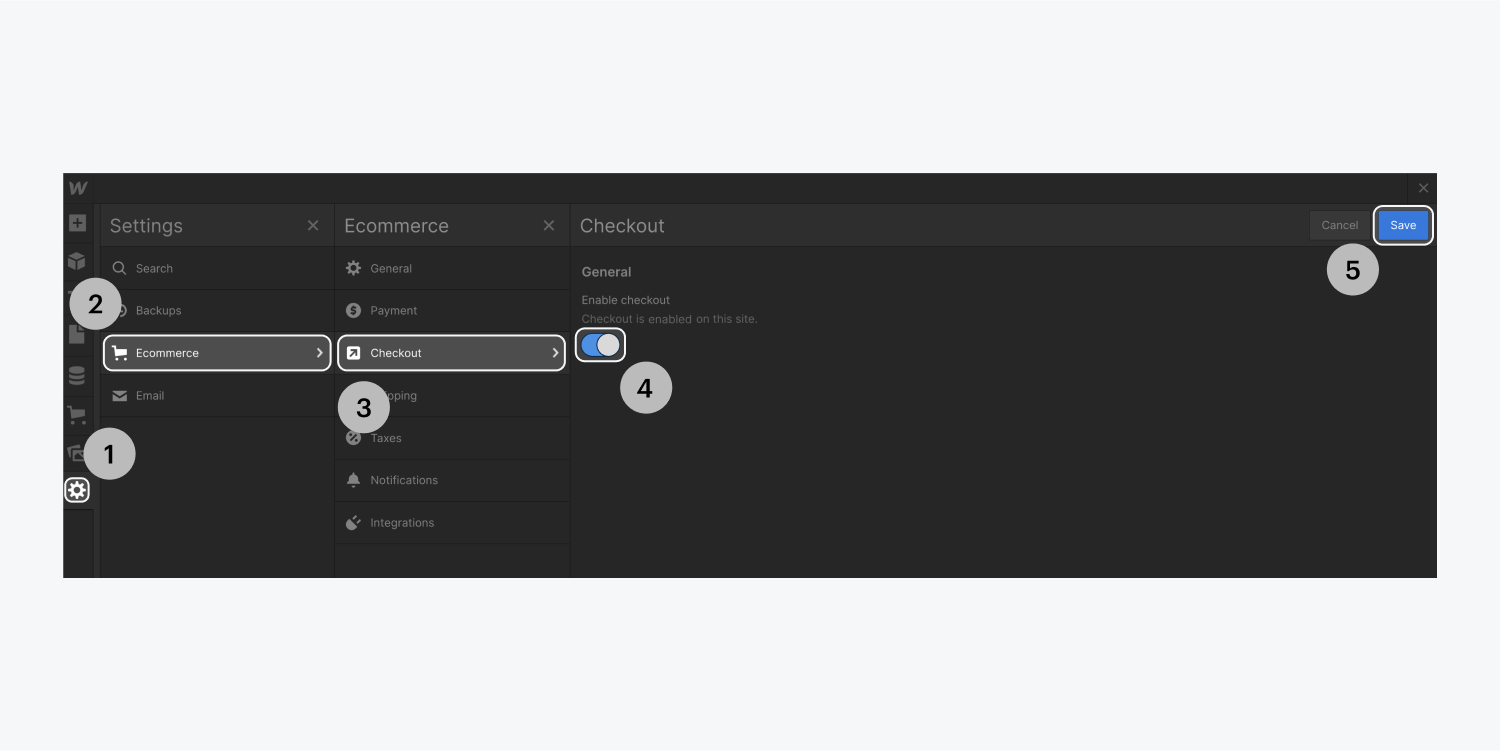 Step one click on the settings icon, step two click on the Ecommerce button, step three click on the checkout button, step four turn on the enable checkout switch button and step five click the blue save button.