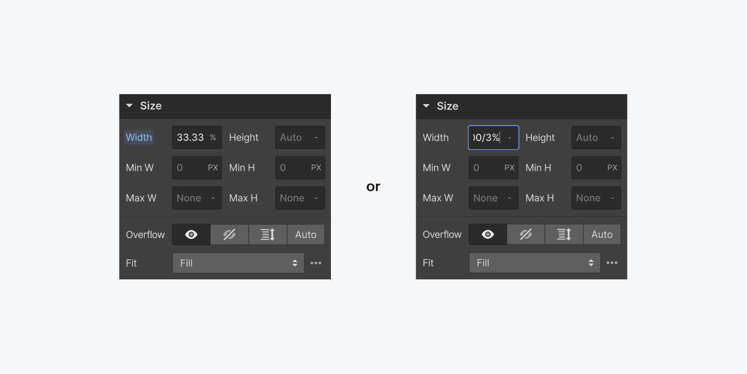 Two panels displaying size settings side by side. The left panel shows the width set to 33.33%. The right panel displays the width as 100 divided by 3% in the input fields.