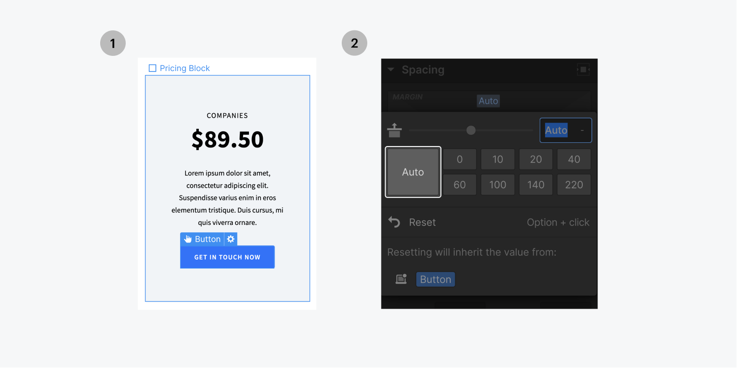 On the left, the button with the text "get in touch now" is selected. On the right, the popup window for the top margin displays the Auto setting in action. This setting is highlighted.