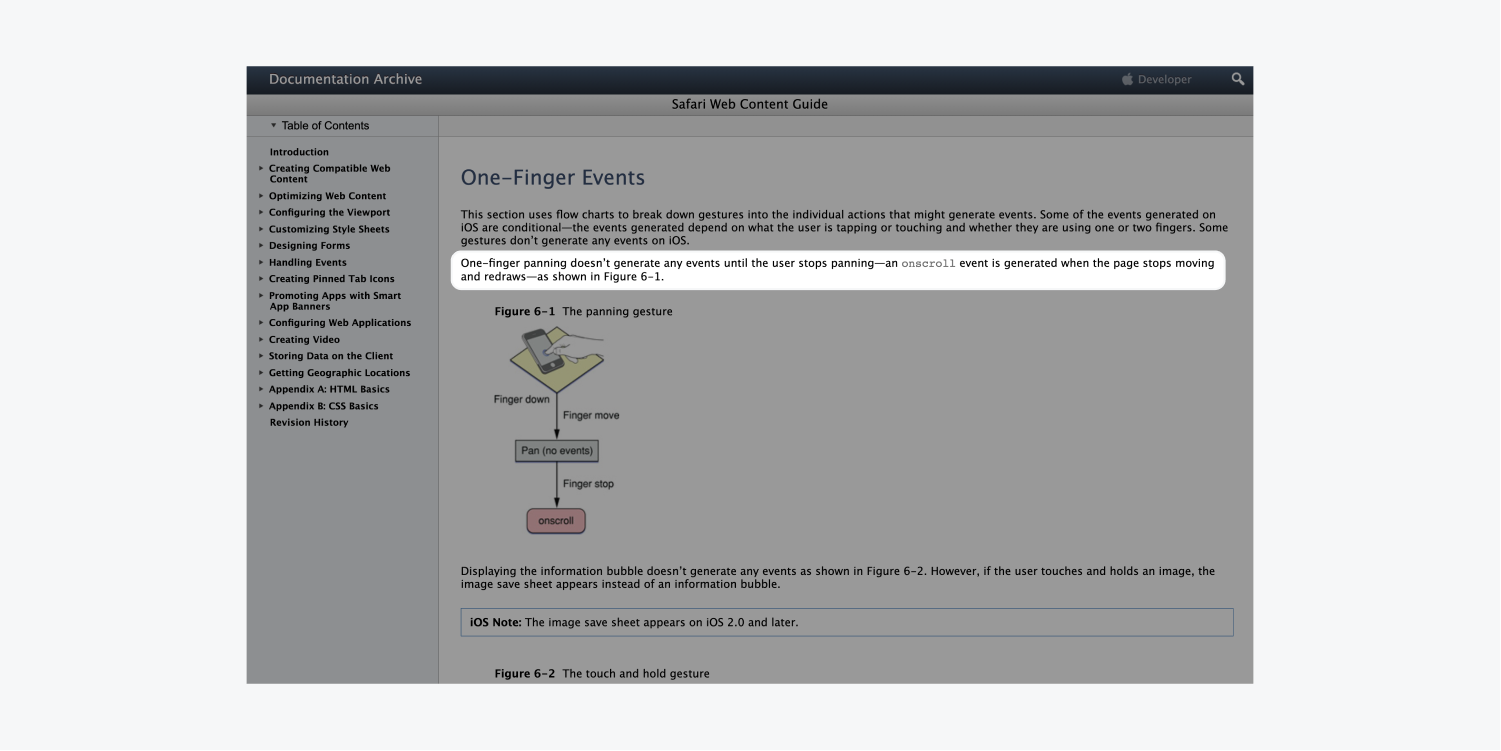 The Apple developer library presents a single-finger event section in the Safari Web Content Guide. The text "scroll event is not generated when the user stops panning—a onscroll event is produced when the page halts motion and redraws—as depicted in figure 6-1." is highlighted on the page.