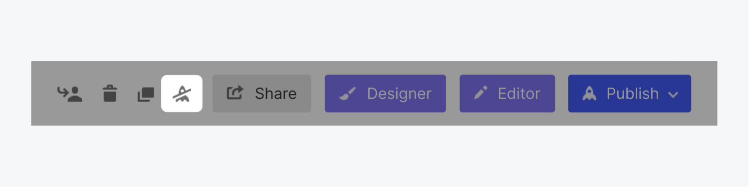 プロジェクト設定のツールバーには、転送、削除、複製、撤回 (強調表示) のアイコンが含まれています。アイコンの右側には、共有、デザイナー、エディター、公開のボタンがあります。