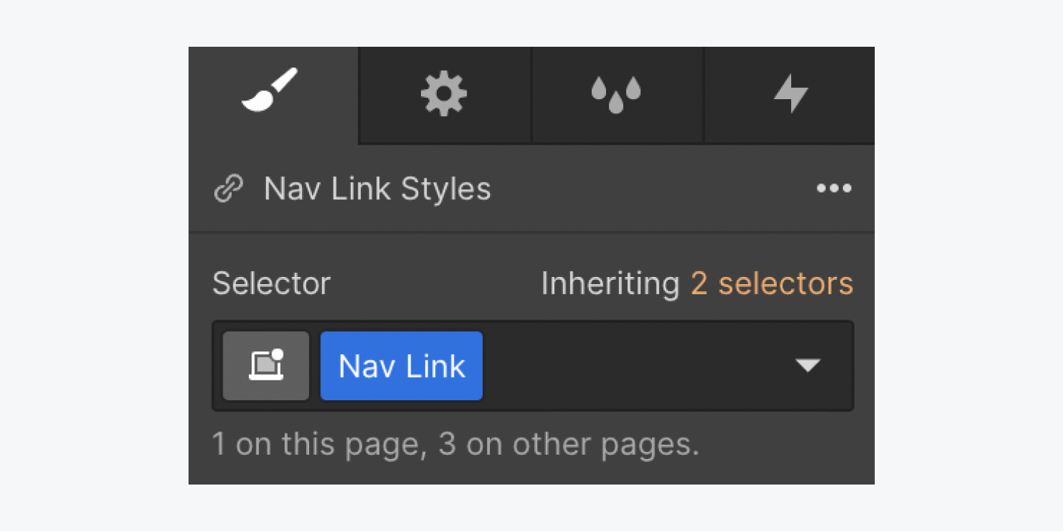 The Nav link class is shown in the Selector field of the Style panel.