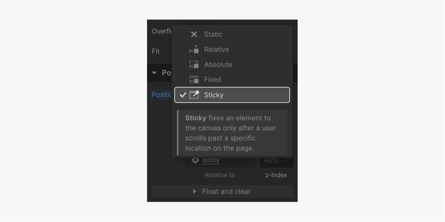 The sticky position is highlighted in the position dropdown menu.