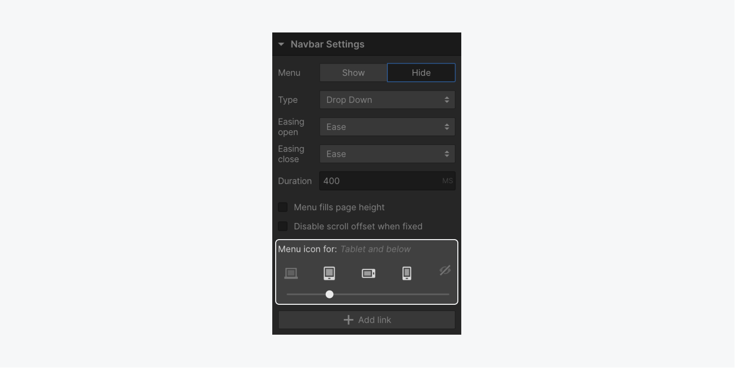 The device options slider is highlighted in the Navbar settings.