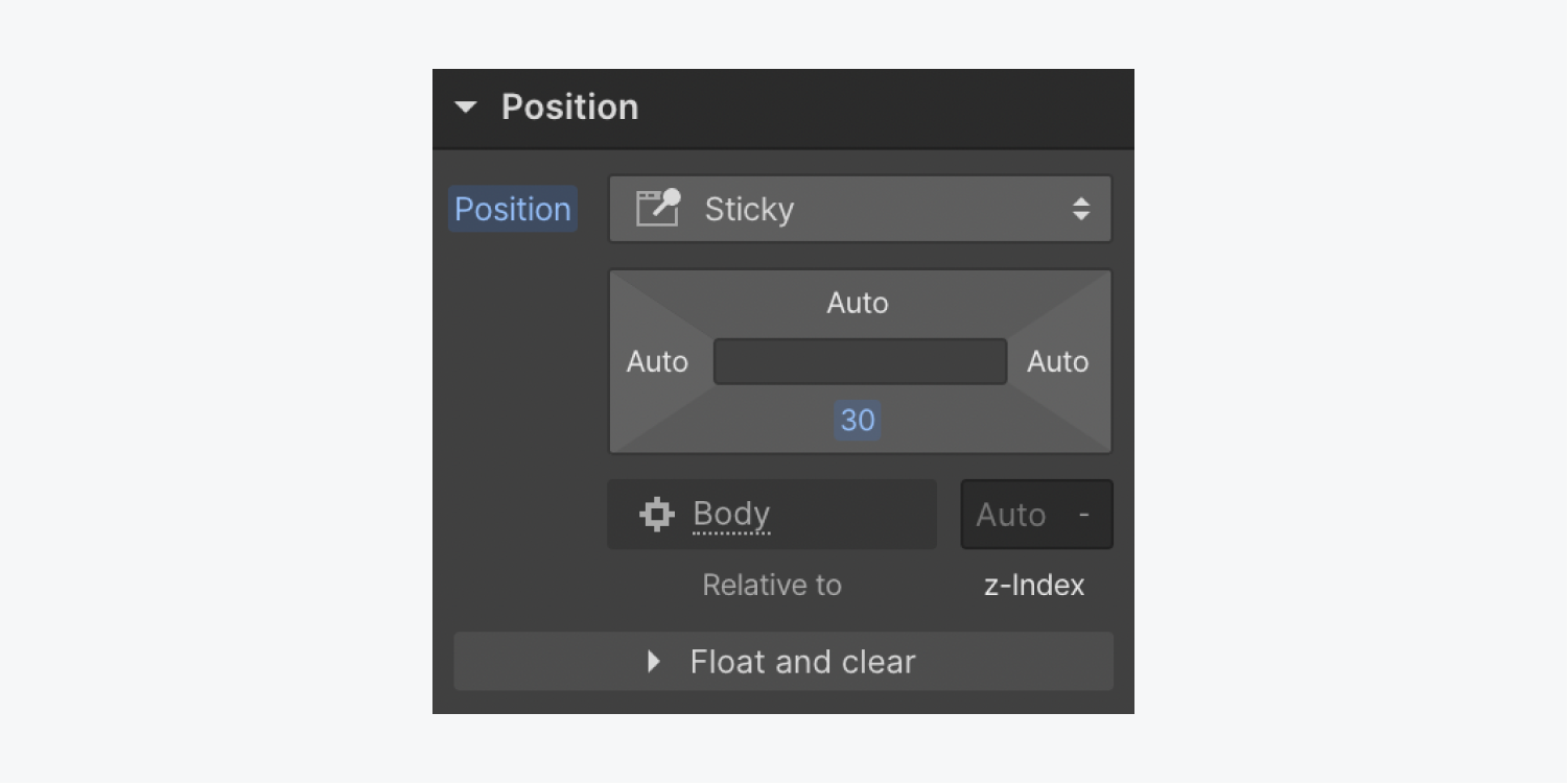 The position is set to sticky and the bottom value is set to 30 pixels in the Position section.