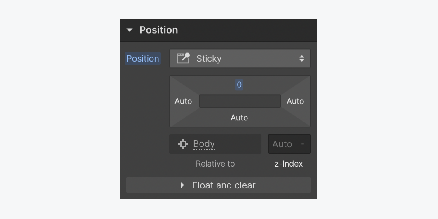 The position is set to sticky and the top value is set to zero pixels in the Position section.