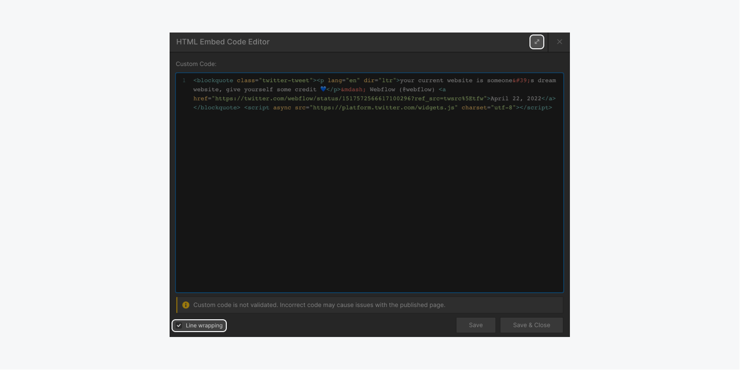 Line wrapping and full screen editing options highlighted in the HTML embed code editor.