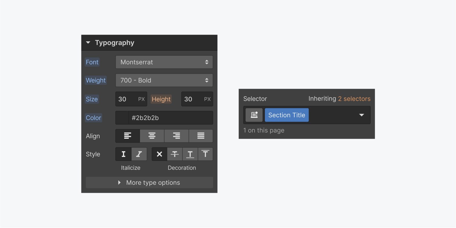 On the left, the typography part of the Style panel showcases a font drop-down menu, weight drop-down menu, size, height, and color input fields, four alignment options, six style choices, and a more type options button. On the right, an active class named Section Title is visible in the selector panel.