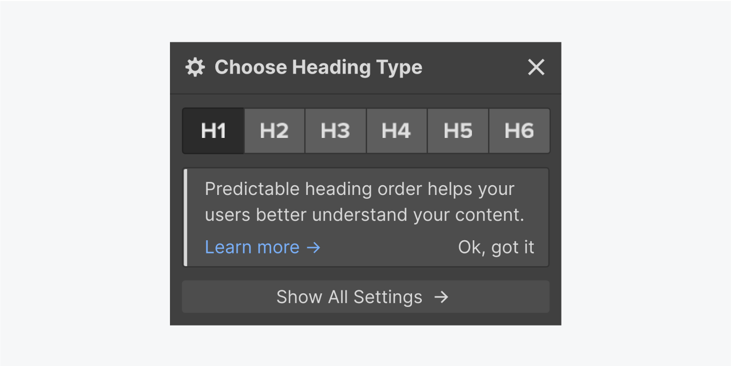 The Choose title settings panel exhibits six title options, a learn more notification, and a reveal all settings button.