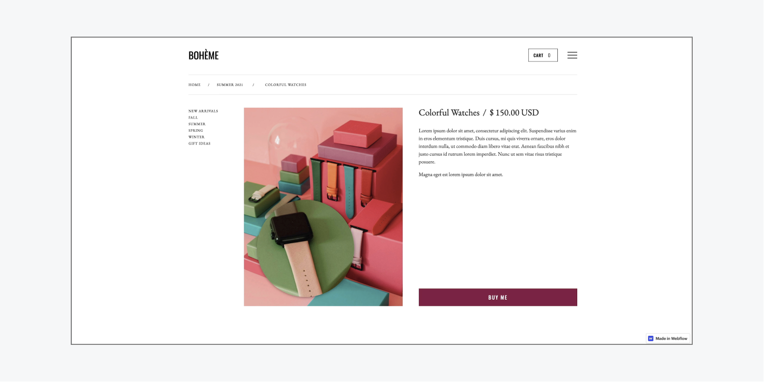 An image of pink, red and green boxes and watches is magnified on hover using custom code placed into a page’s custom code settings in the Webflow Designer.