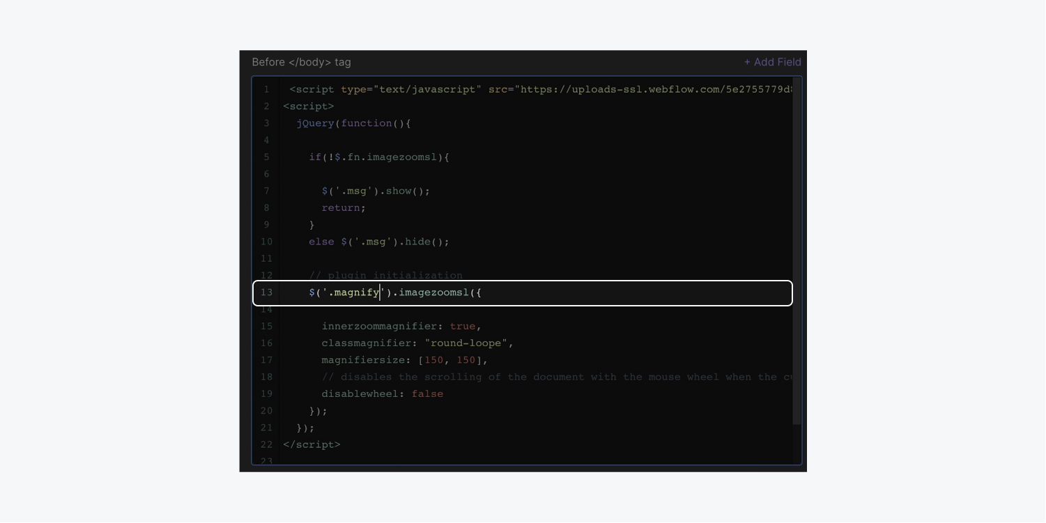 After inserting the code for image enlargement into the custom code of the page settings, ensure to modify the code to correspond to the newly defined “Magnify” class.