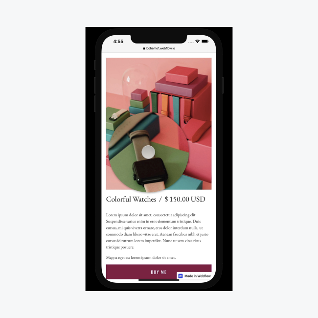 An image presenting pink, red, and green boxes and watches magnified on mobile devices by tapping on segmented areas of the image. This capability is achieved through custom code integrated into the page’s custom code settings in the Webflow Designer.