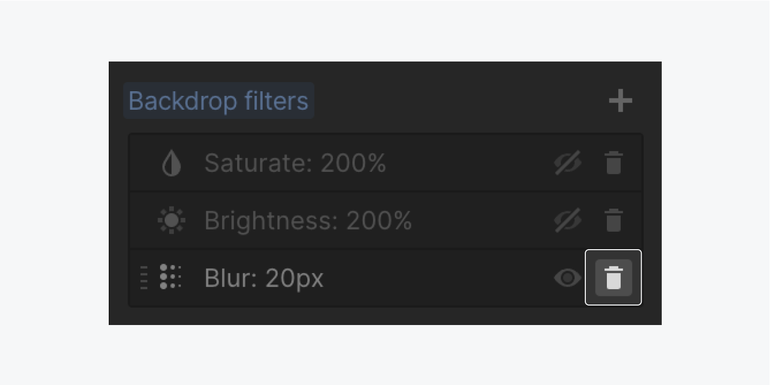 The “trash” icon is highlighted in the Backdrop filters section of the Style panel.