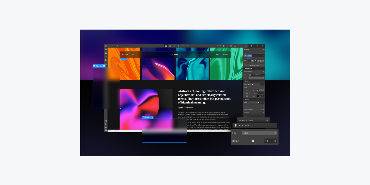A montage of background filters effects in the Webflow Designer, including blur, is shown against a colorful backdrop. 