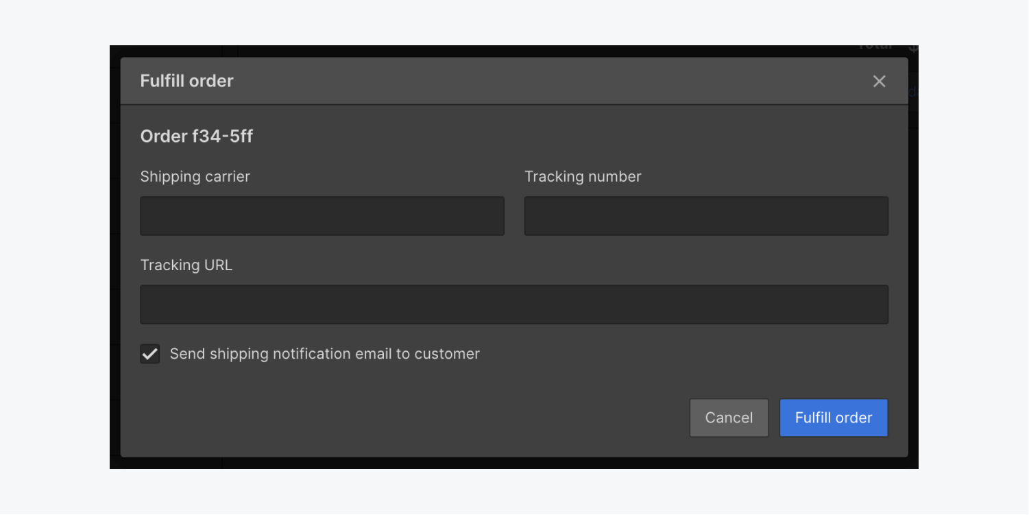 The Fulfill order modal in the Webflow Designer allows you to set the Shipping carrier, tracking number, tracking URL and whether you'll send your customer a shipping notification email.