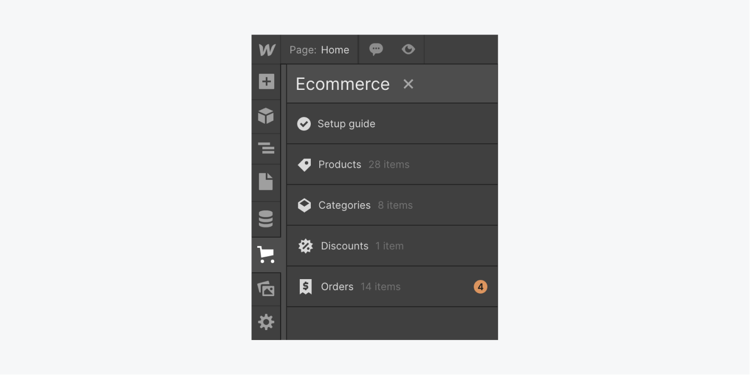 The Ecommerce orders tab in the Webflow Designer indicates 4 new orders.