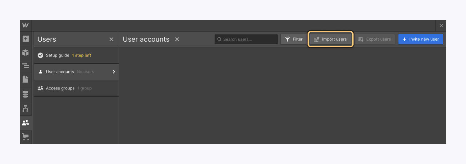 用户面板内用户帐户顶栏中突出显示的“导入用户”按钮。