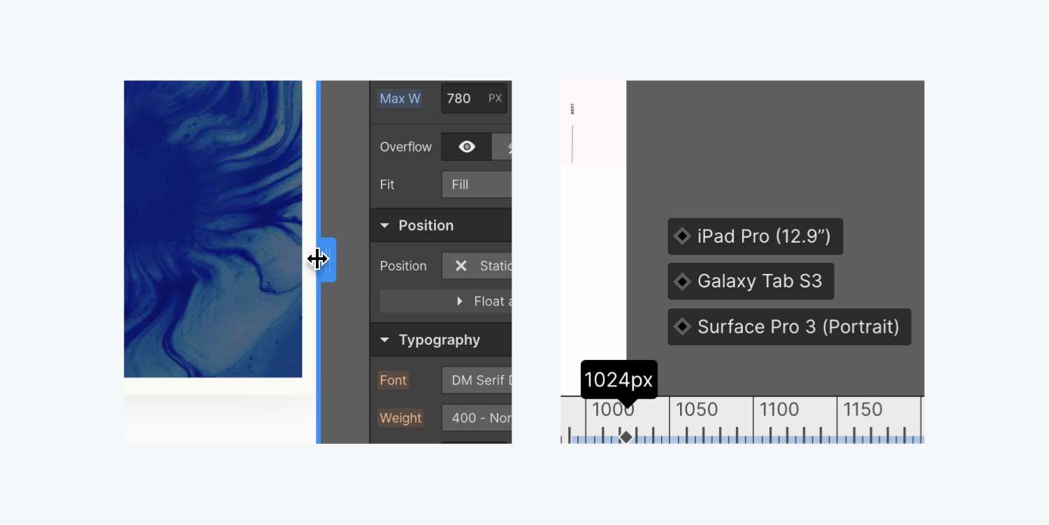 On the left, the blue drag element on the edge of the canvas is being dragged to the left. On the right, the breakpoint sizes and the respective device are detailed at the bottom of the canvas with a ruler set at 1024 px.