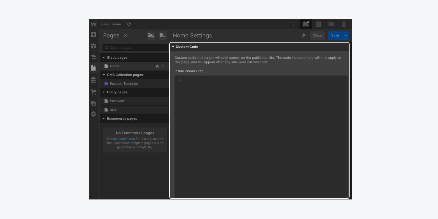 The “Inside <head> tag” section highlighted in page-level custom code settings in the Webflow Designer.