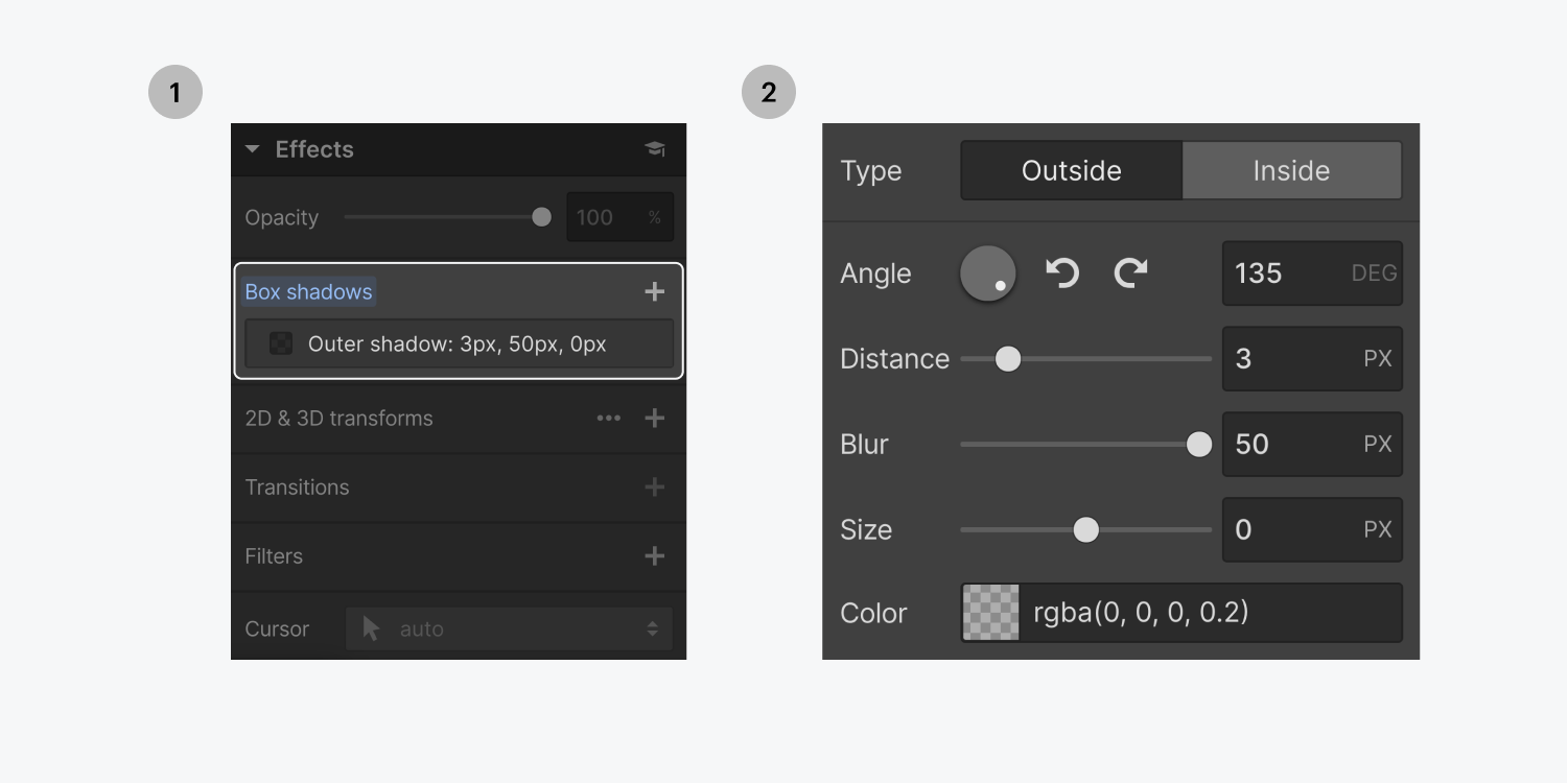 Step one on the left, pick the box shadows effect. Step two on the right, the box shadows settings panel showcases type, angle, distance, blur, size, and color configurations.