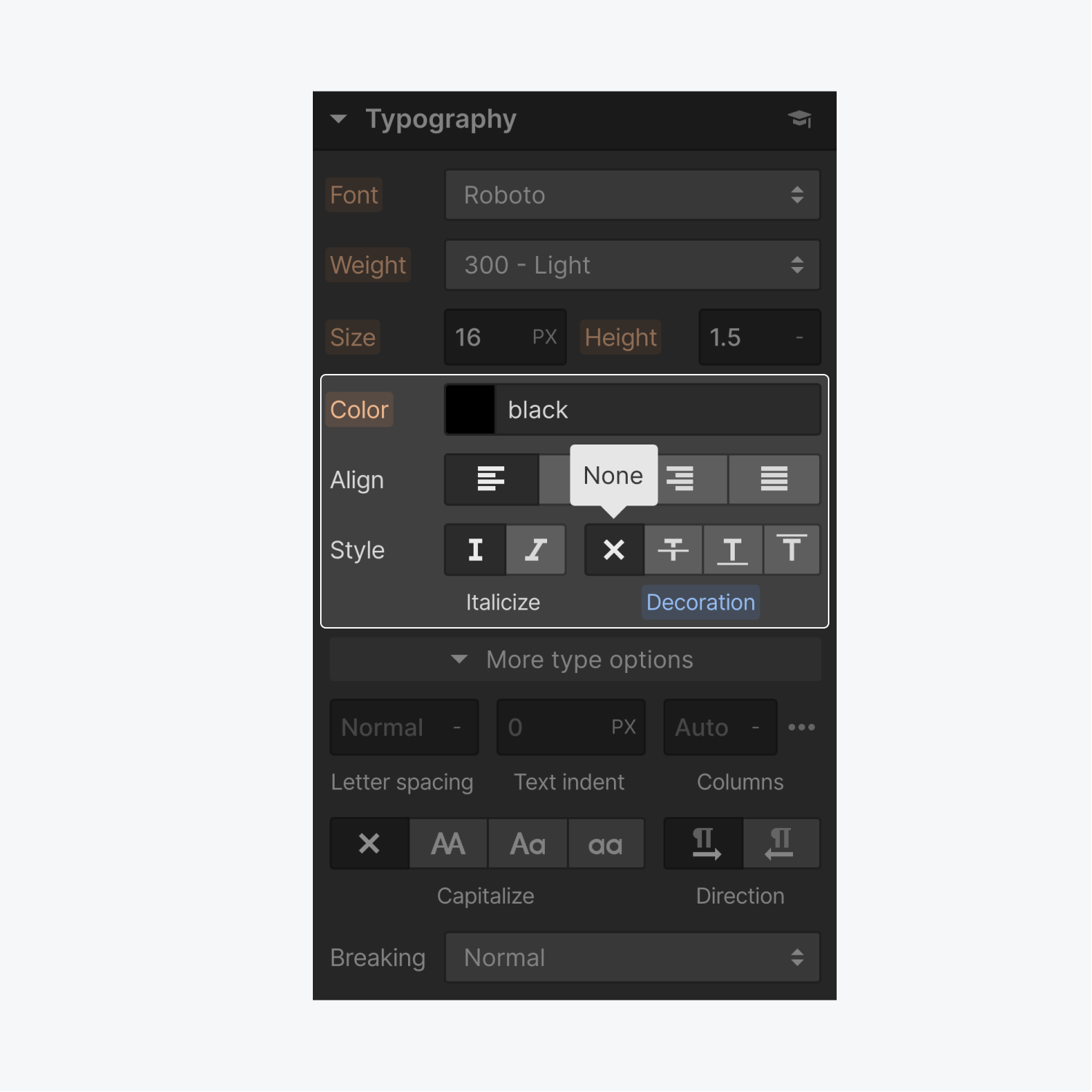 The typography section of the style panel displays a highlighted area exhibiting black text and the none style selected in the decoration..