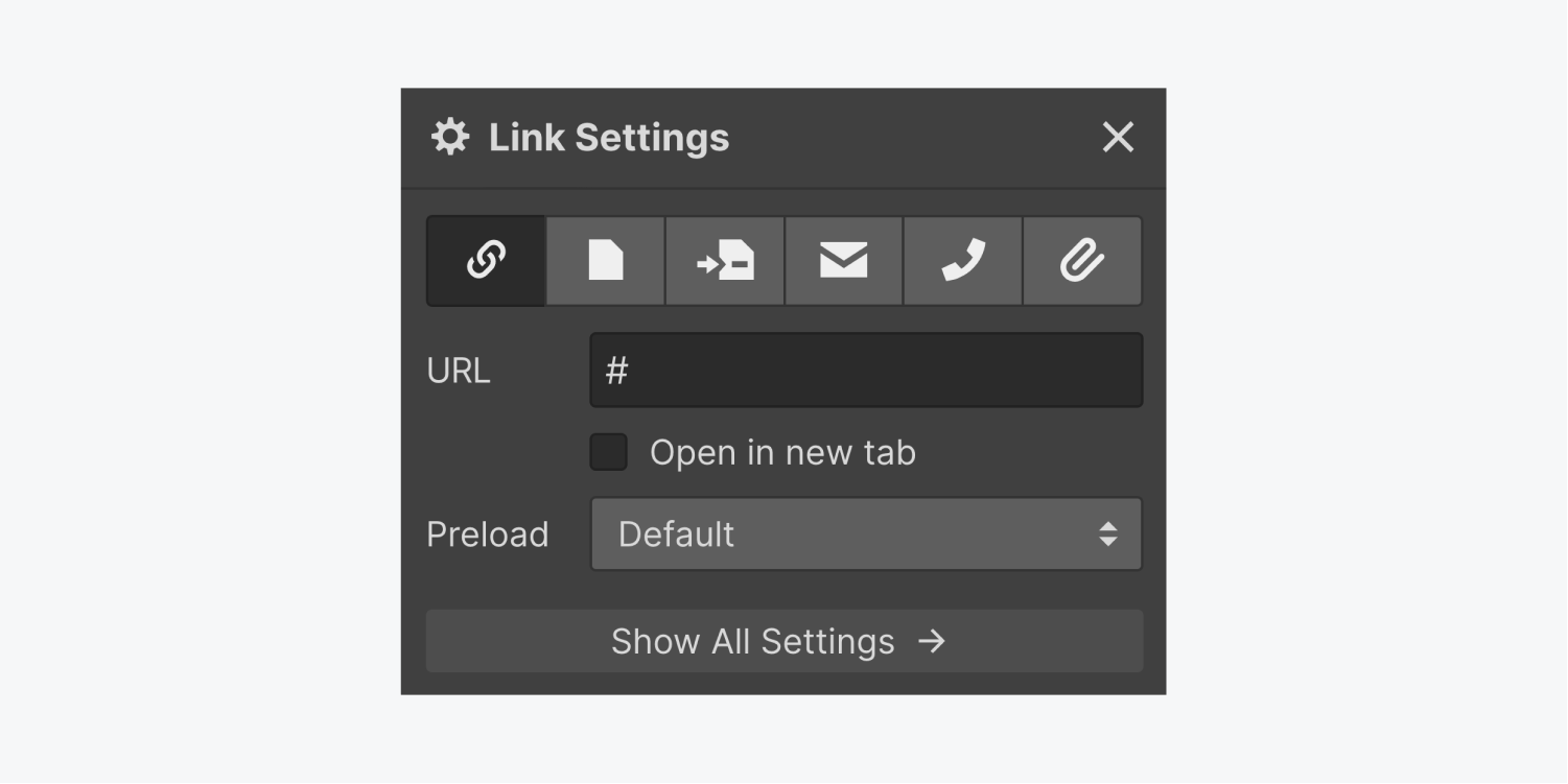 The Link settings panel presents six icons for link types, a URL text field, a check box for "Open in new tab," a drop-down menu for Preload, and a show all settings button.