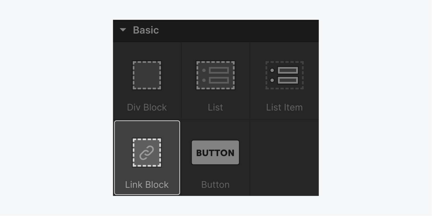 The five elements in the Basic section are Division Block, List, List item, Hyperlink Block (highlighted), and Button.