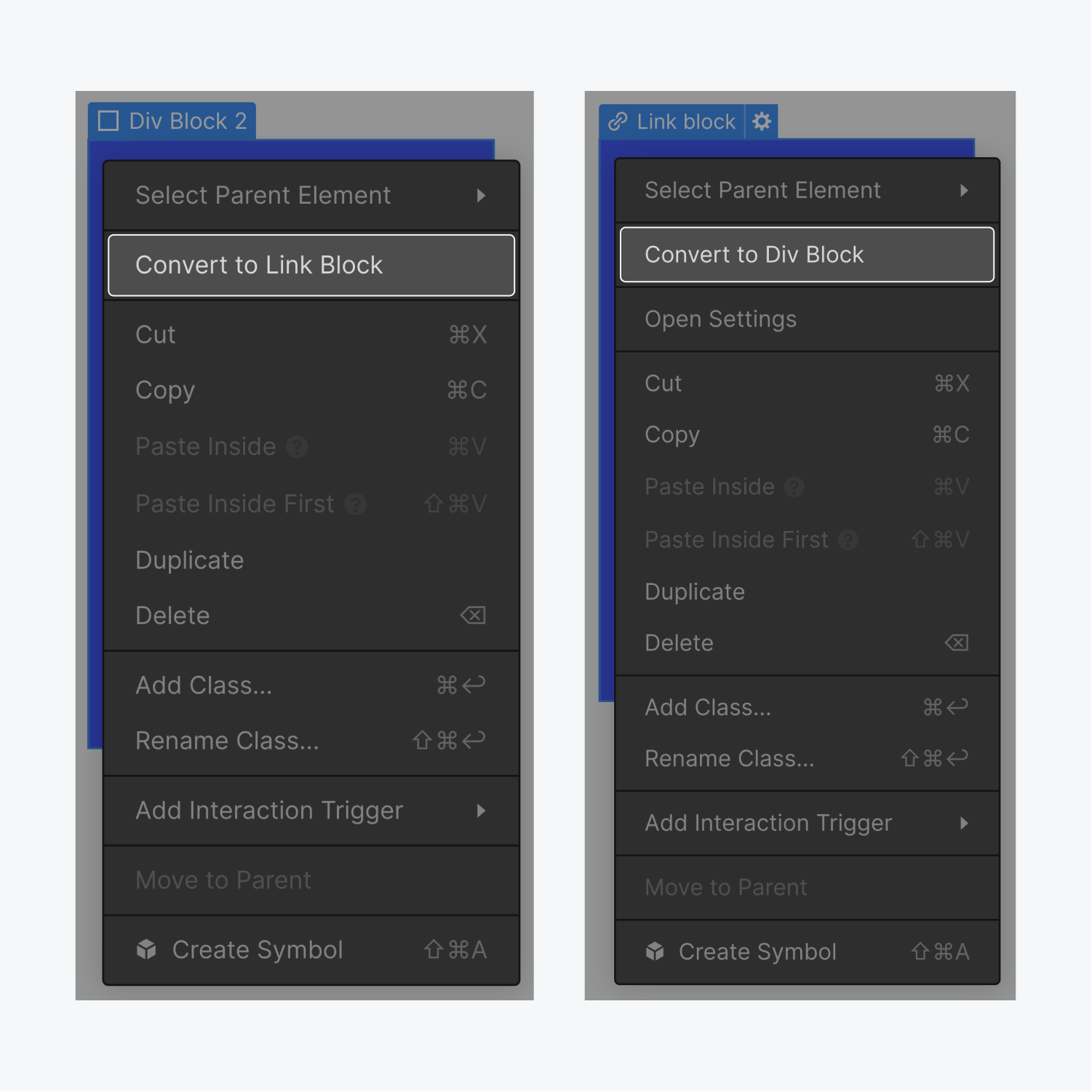 On the left, the Convert to Hyperlink block button is highlighted in the Division block settings panel. On the right, the Convert to Division block is highlighted in the Hyperlink block settings panel.