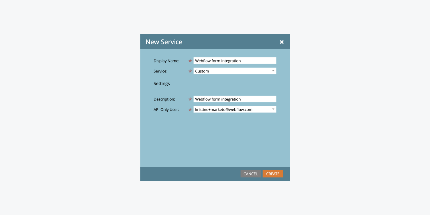 Marketo의 "새 서비스" 팝업에는 눈에 보이는 이름을 입력하고, 시설을 선호하고, 설명을 삽입하고, API 전용 소비자를 선택할 수 있는 섹션이 표시됩니다. 