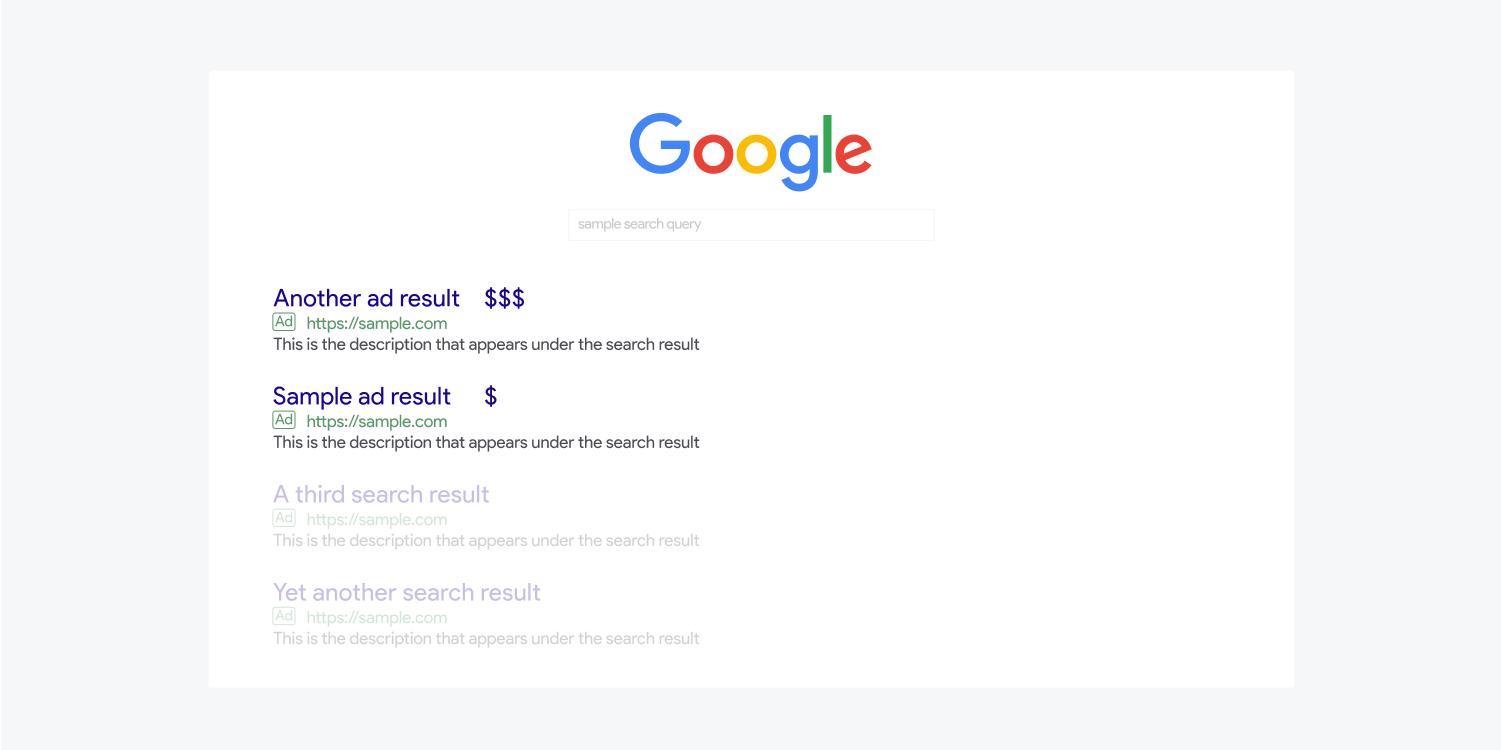 Google 샘플 검색 쿼리는 유료 검색 결과를 표시합니다.
