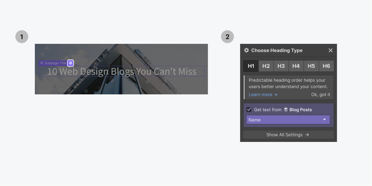 Step one on the left, select the settings icon on the H1 text element. Step two on the right, the choose heading type settings panel displays H1 through H6 buttons, a learn more message with a Ok, got it button, a check box for the CMS Get text from a collection called Blog posts with a menu and a show all settings button.