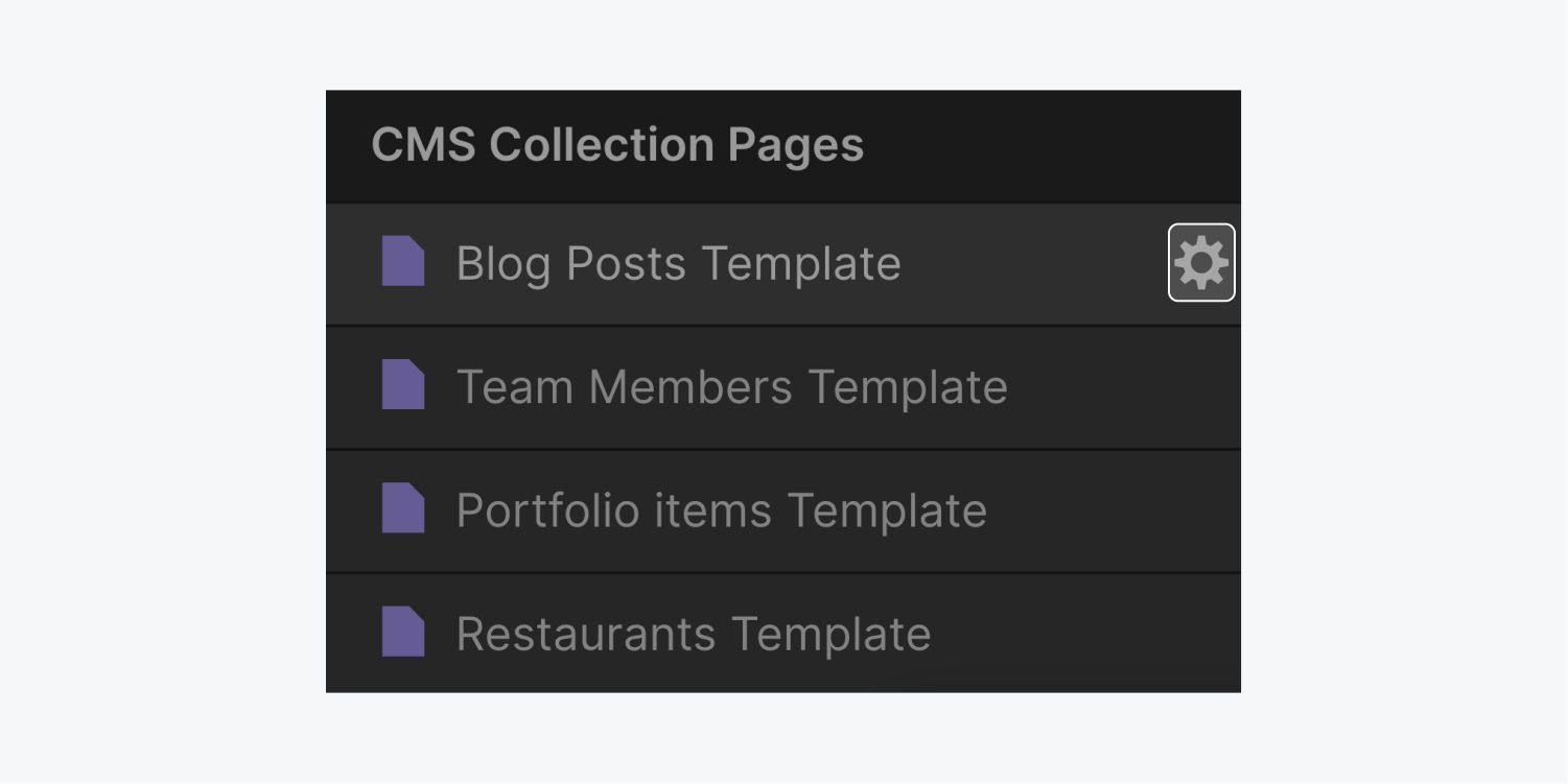 A settings icon is highlighted on a Blog post template page under the CMS collection pages section.