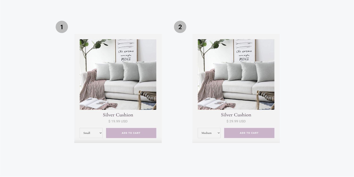 왼쪽 선택 1은 작은 사이즈의 은색 베개 제품입니다. 오른쪽 선택 2는 중간 사이즈의 은색 베개 제품입니다.