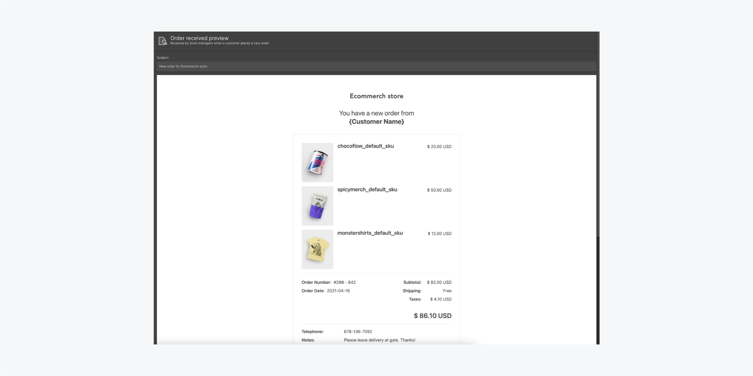 An ecommerch store email preview with three items ordered. The payment breakdown information is included in the email. Order details are also included in this preview.