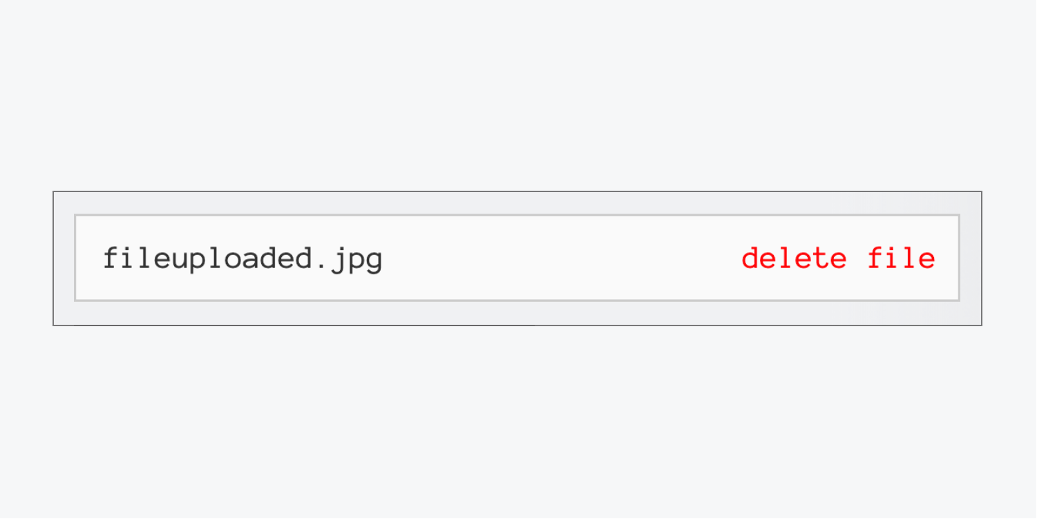 The success state of the File upload button, indicating the name of the uploaded file alongside the option to “delete file.”