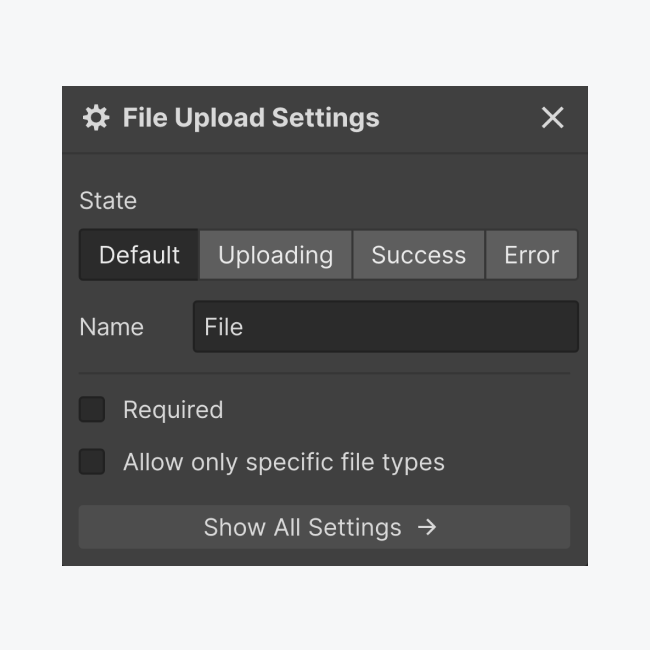 File upload element settings for the Default state of a File upload button.