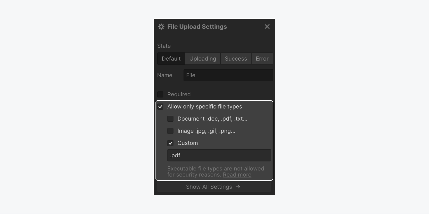 The “Allow only specific file types” option in File upload settings, where the “Custom” option is checked to allow only .pdf uploads. 