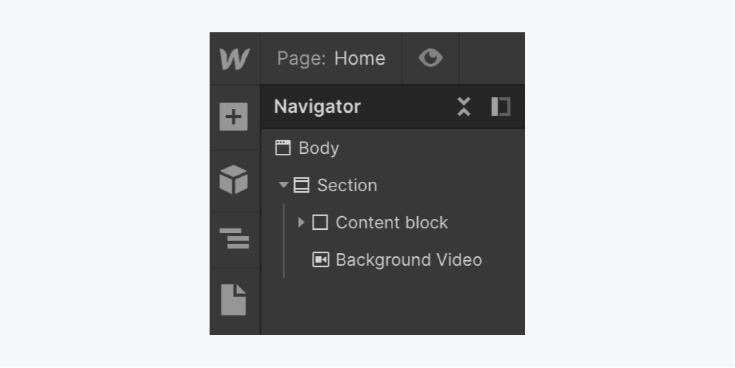 In the Navigator panel, a Div block named “Content block” and a Background video are nested inside a Section.